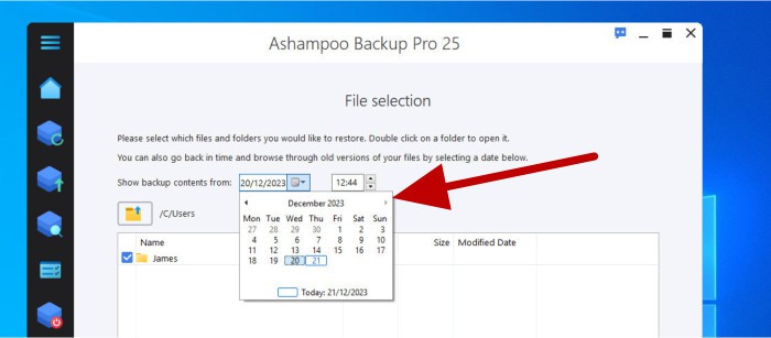 ashampoo backup pro 25 review - selecting histric version date to restore