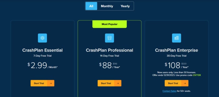 crashplan review 2023 - crashplan web pricing tables