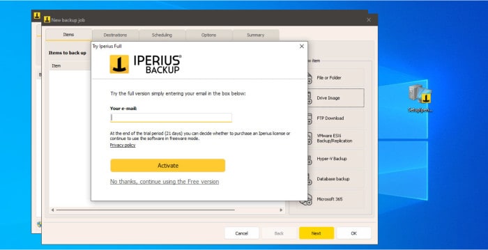 iperius backup review - installer registration view