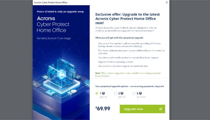acronis cyber protect home office 2024 perpetual upgrade - in-app notification